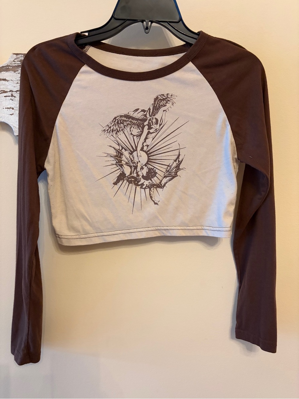 Brown and White Celestial Graphic Print Long Sleeved Crop Top